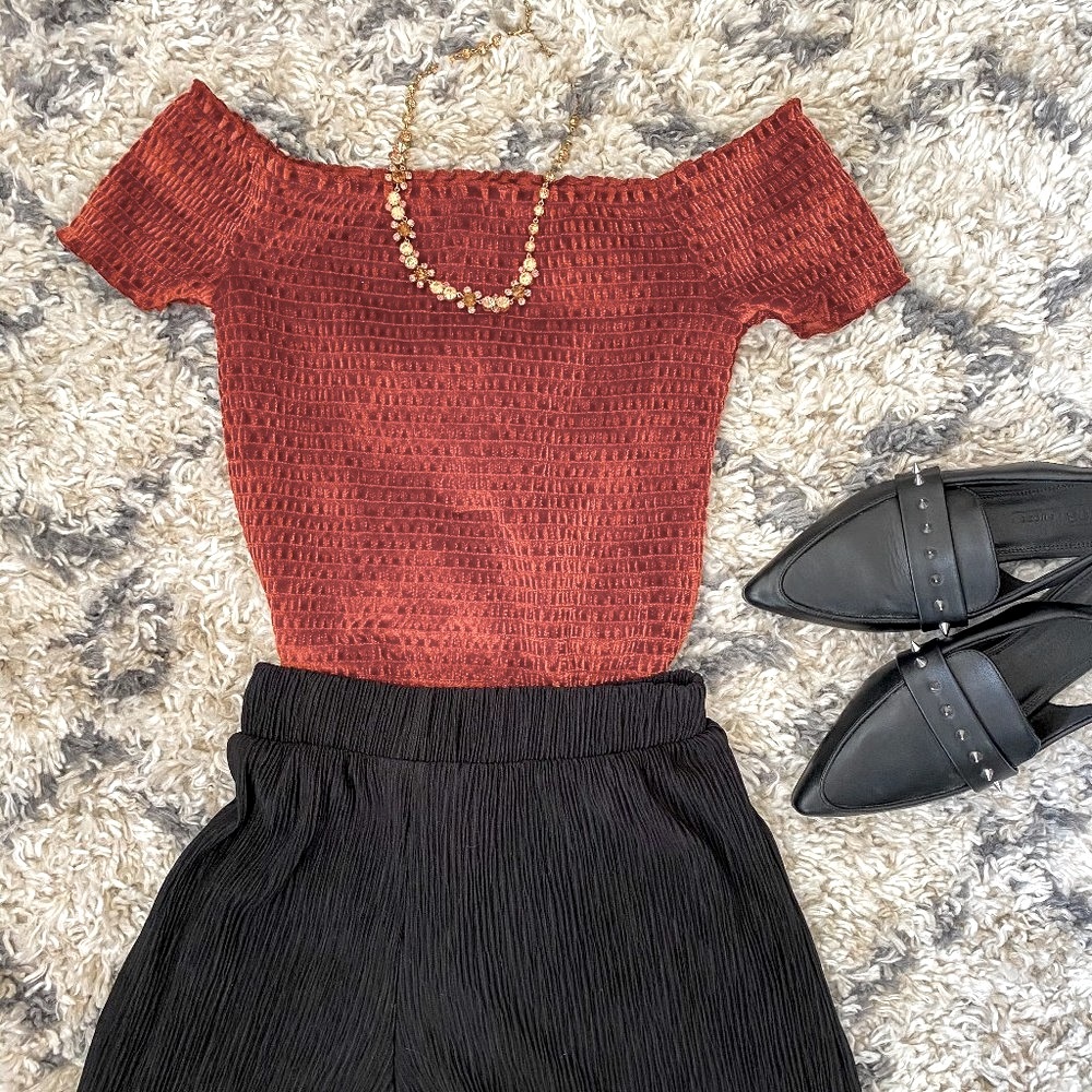 velvety smocked off-shoulder top